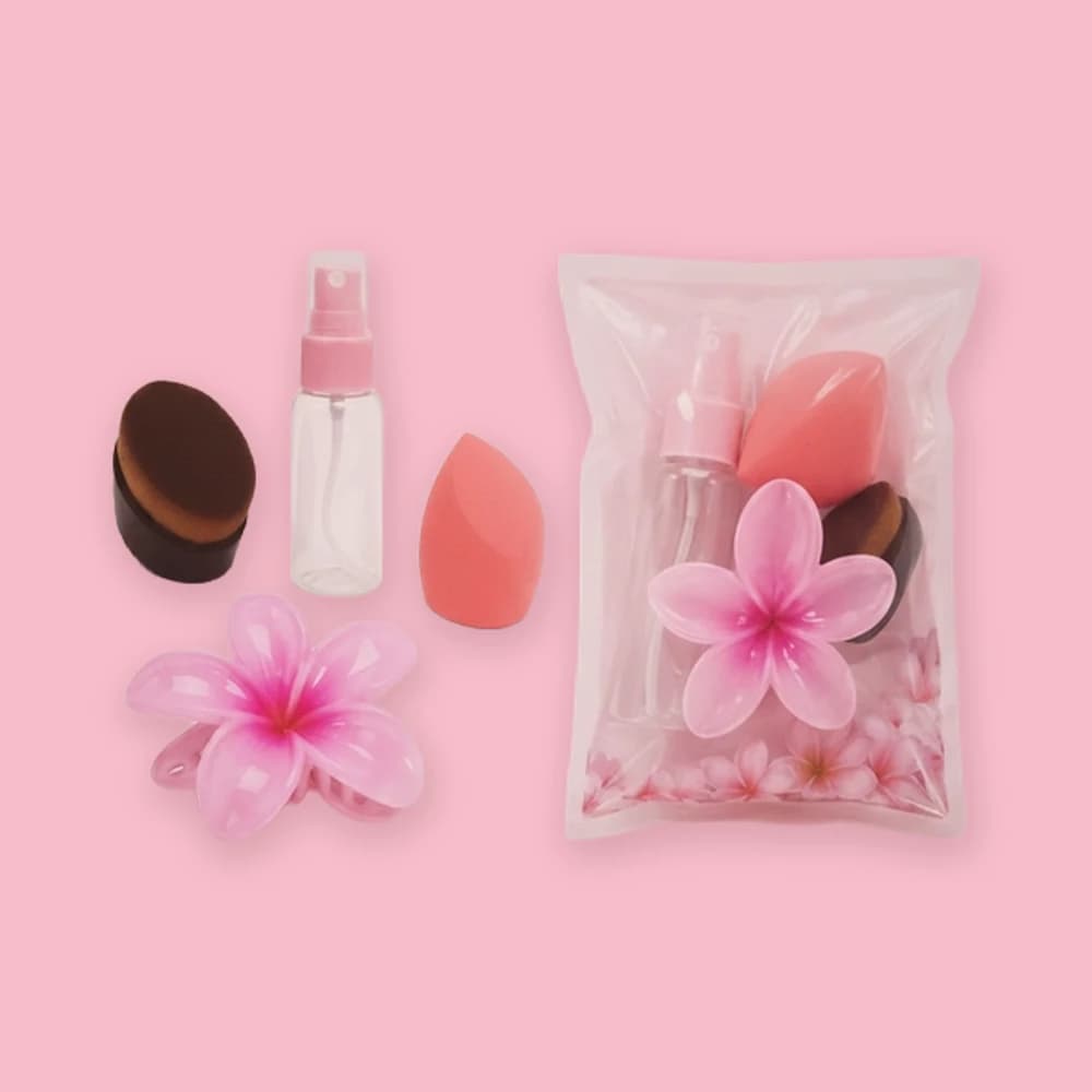 Kit de beleza com esponja, pincel e borrifador